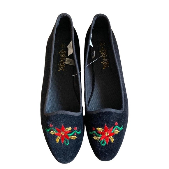 𝅺VINTAGE Tinsel Toes Black Velvet Poinsettia Embroidered Flats 8.5